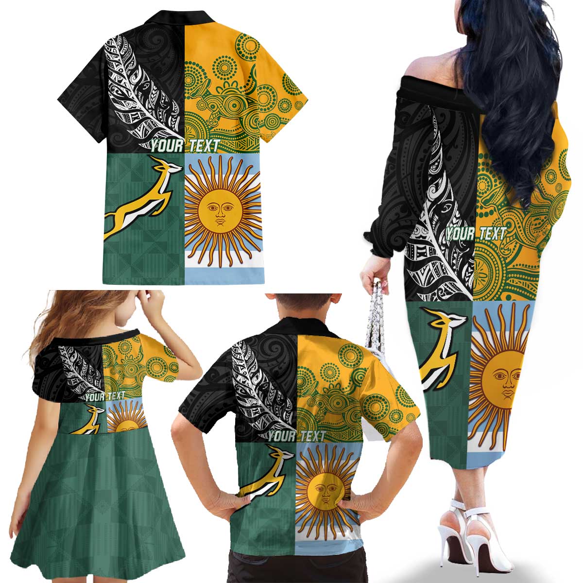 Personalised Rugby 2025 Championship Family Matching Off The Shoulder Long Sleeve Dress and Hawaiian Shirt Combination of Southern Hemisphere Countries - Aussie Hoodie