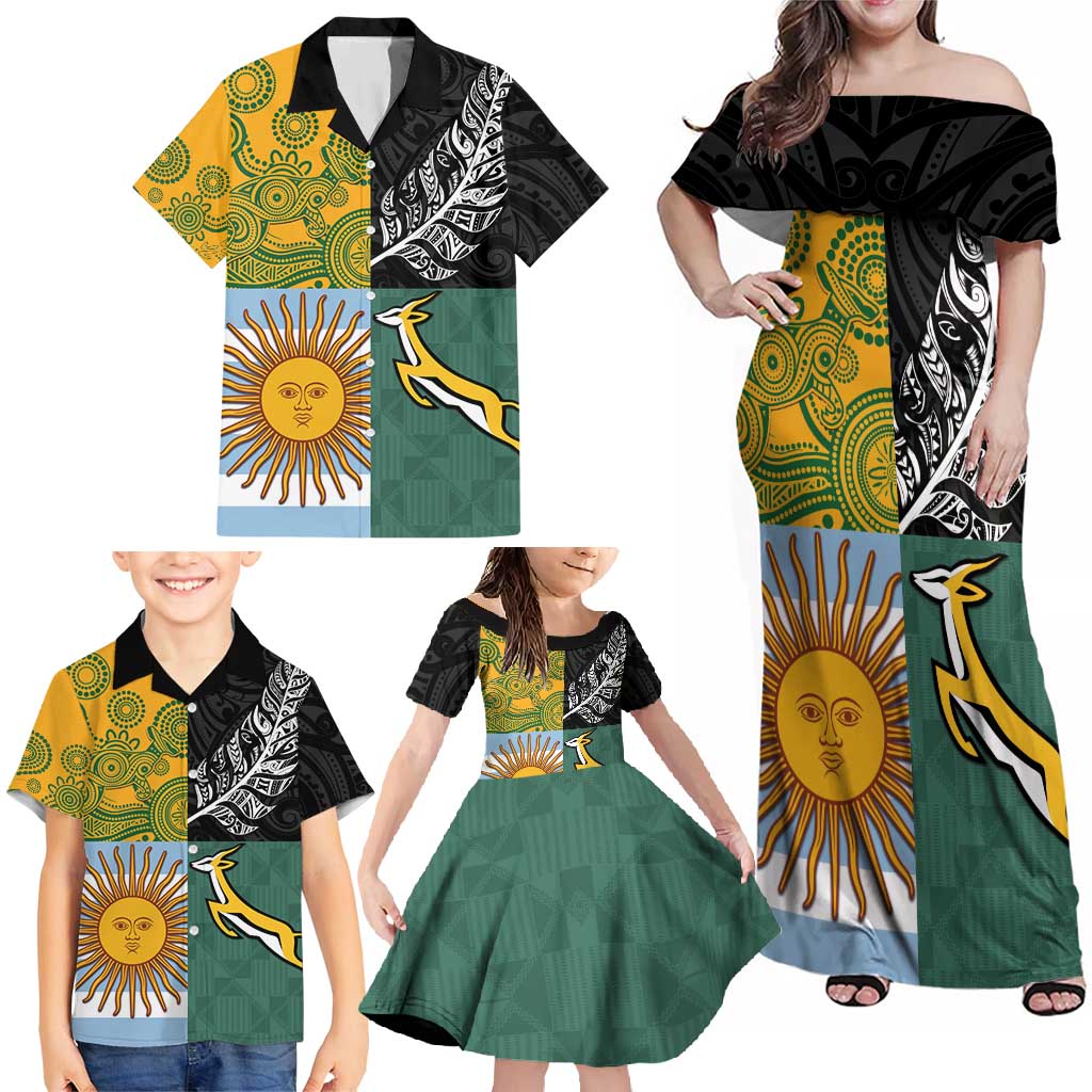 Personalised Rugby 2025 Championship Family Matching Off Shoulder Maxi Dress and Hawaiian Shirt Combination of Southern Hemisphere Countries - Aussie Hoodie