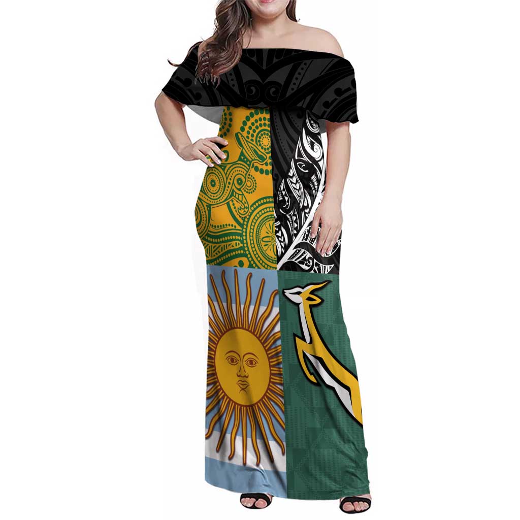 Personalised Rugby 2025 Championship Family Matching Off Shoulder Maxi Dress and Hawaiian Shirt Combination of Southern Hemisphere Countries - Aussie Hoodie