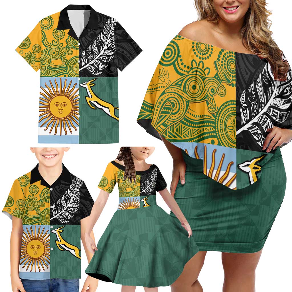Personalised Rugby 2025 Championship Family Matching Off Shoulder Short Dress and Hawaiian Shirt Combination of Southern Hemisphere Countries - Aussie Hoodie