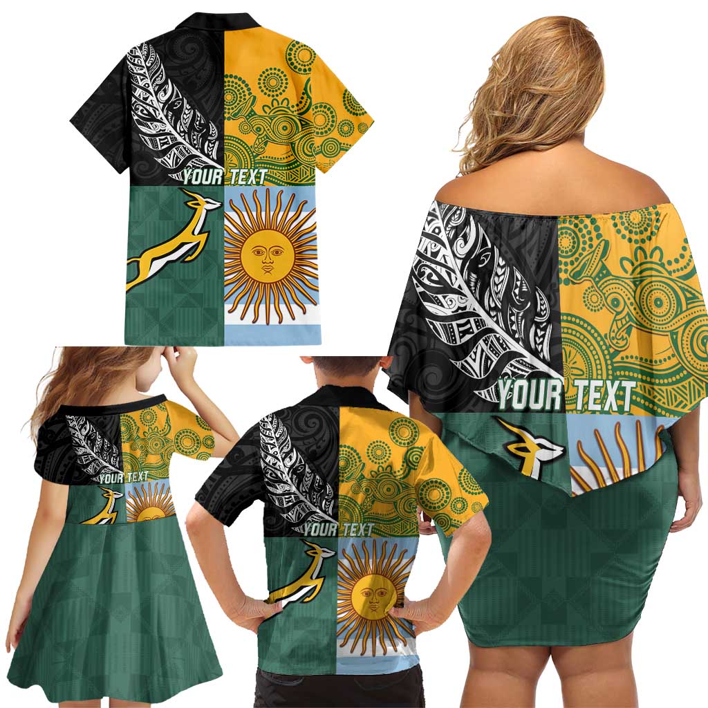 Personalised Rugby 2025 Championship Family Matching Off Shoulder Short Dress and Hawaiian Shirt Combination of Southern Hemisphere Countries - Aussie Hoodie