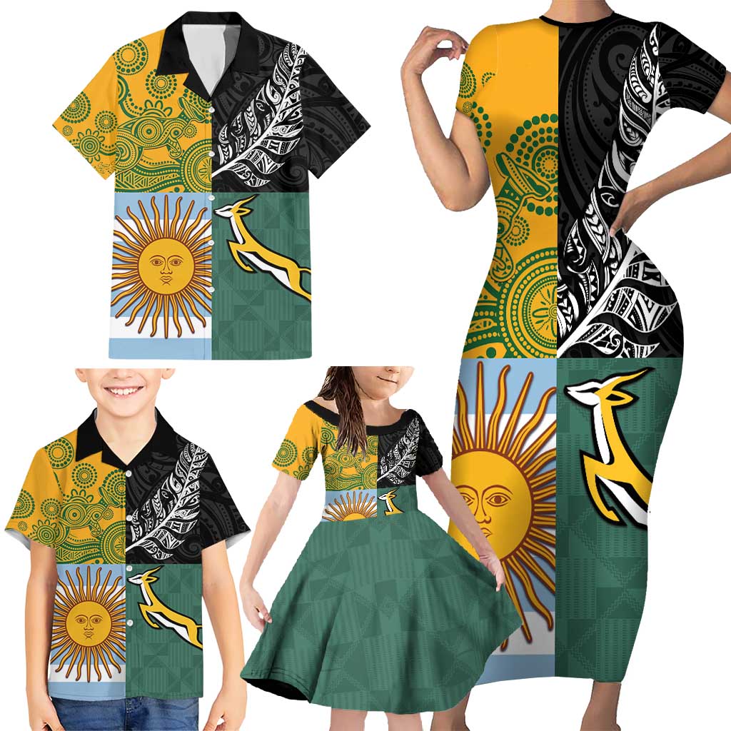 Personalised Rugby 2025 Championship Family Matching Short Sleeve Bodycon Dress and Hawaiian Shirt Combination of Southern Hemisphere Countries - Aussie Hoodie