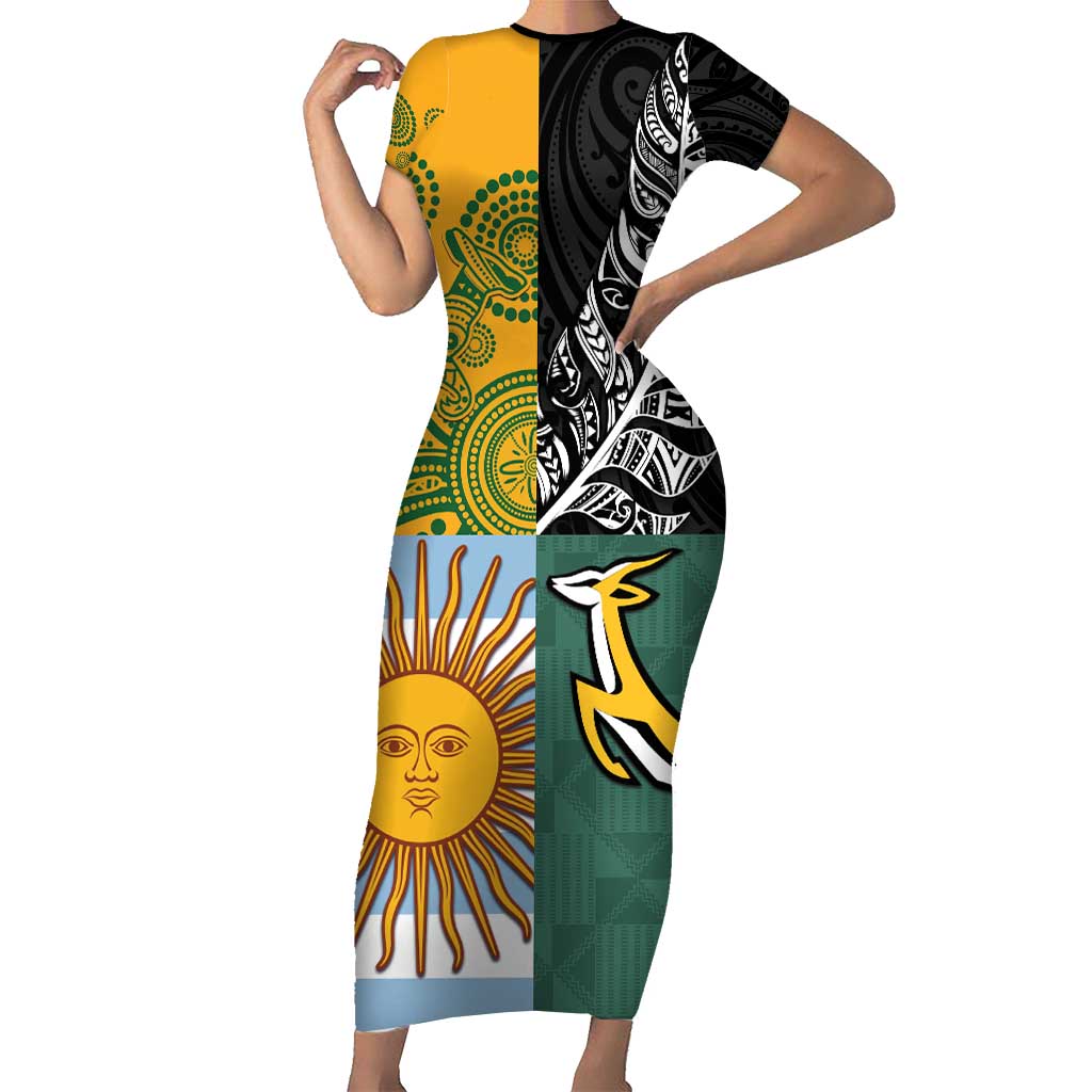 Personalised Rugby 2025 Championship Family Matching Short Sleeve Bodycon Dress and Hawaiian Shirt Combination of Southern Hemisphere Countries - Aussie Hoodie