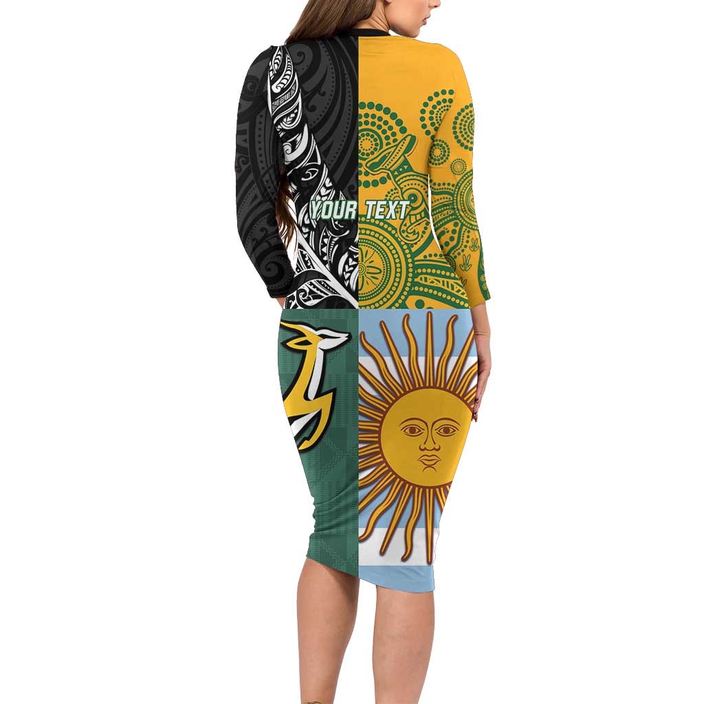 Personalised Rugby 2025 Championship Long Sleeve Bodycon Dress Combination of Southern Hemisphere Countries - Aussie Hoodie