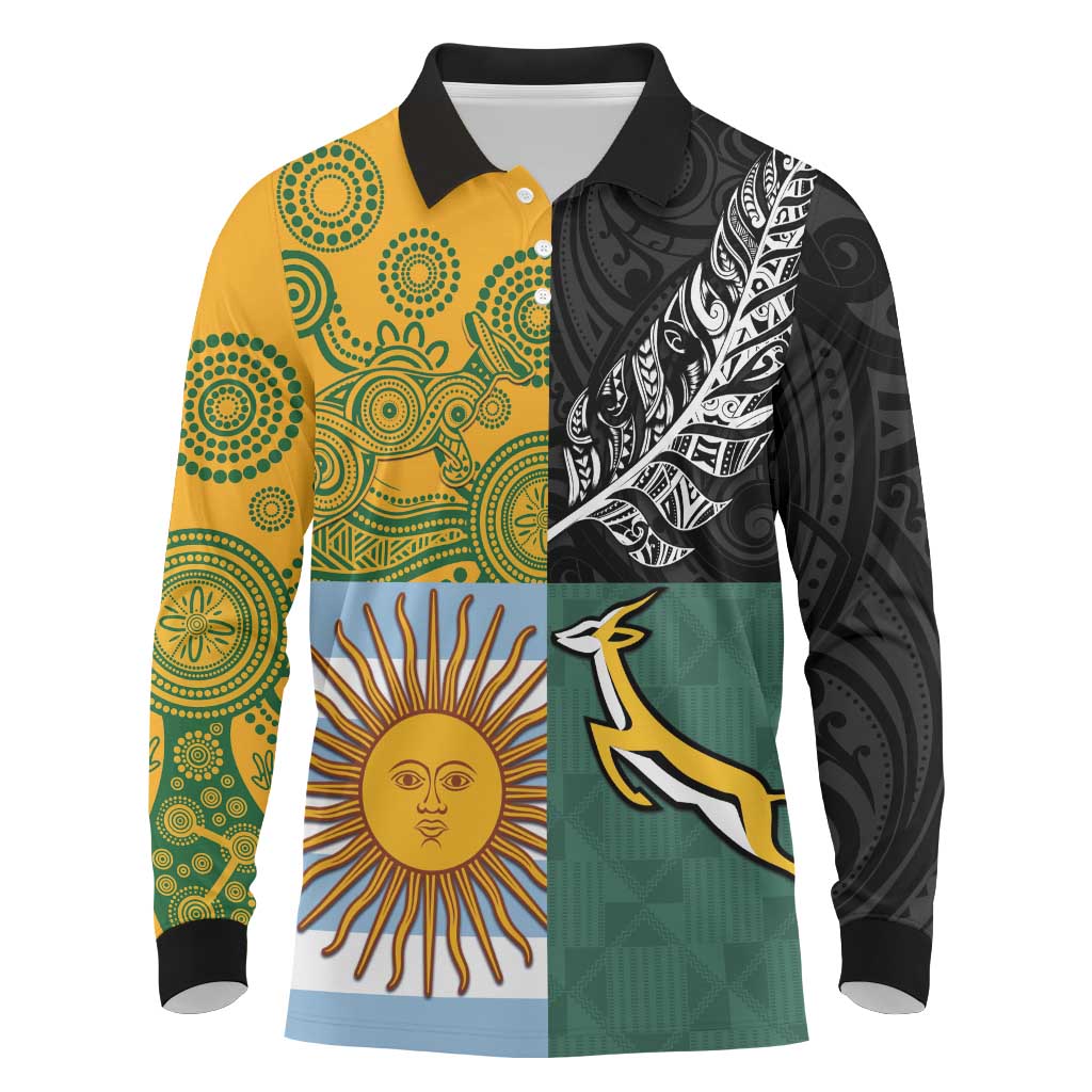 Personalised Rugby 2025 Championship Long Sleeve Polo Shirt Combination of Southern Hemisphere Countries - Aussie Hoodie