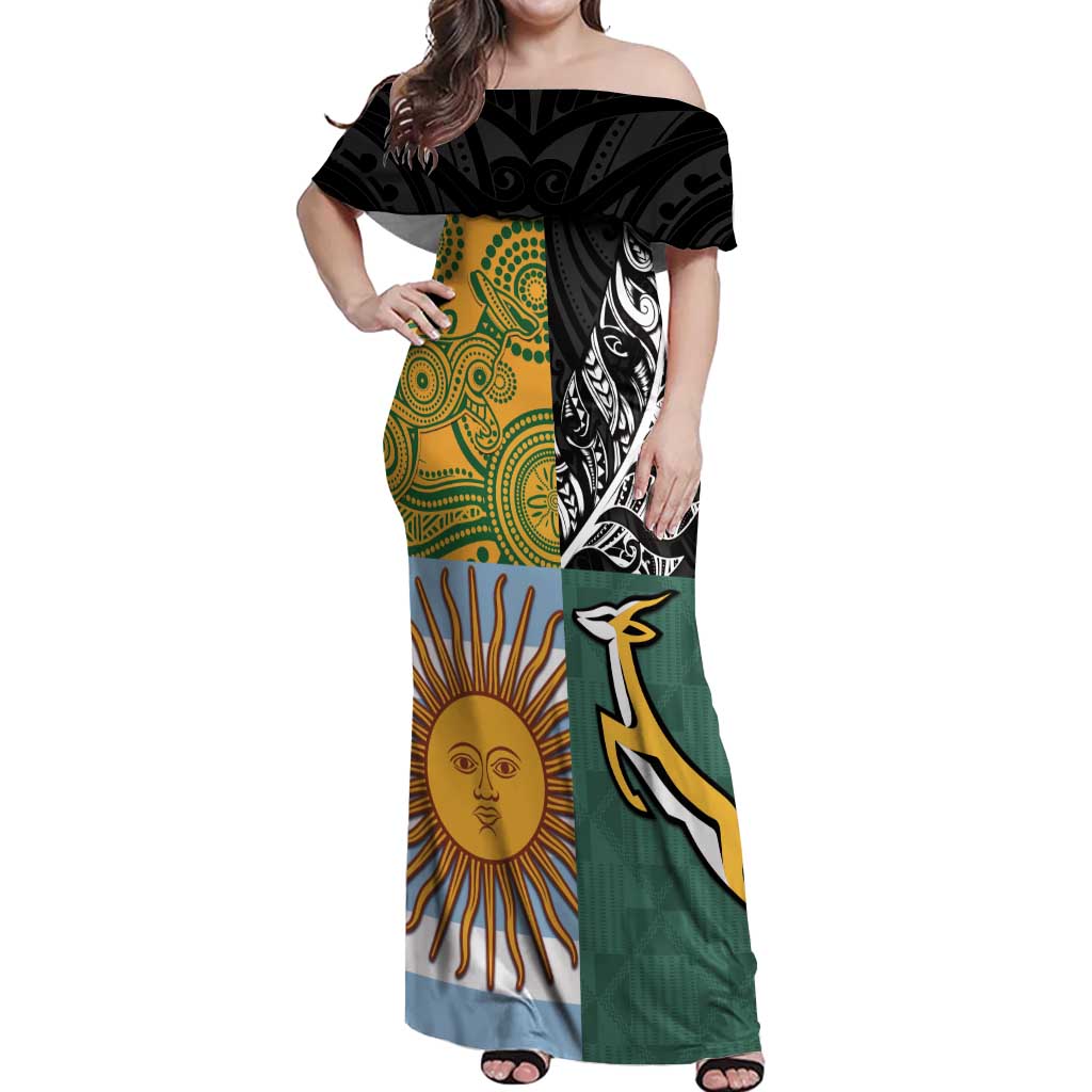 Personalised Rugby 2025 Championship Off Shoulder Maxi Dress Combination of Southern Hemisphere Countries - Aussie Hoodie