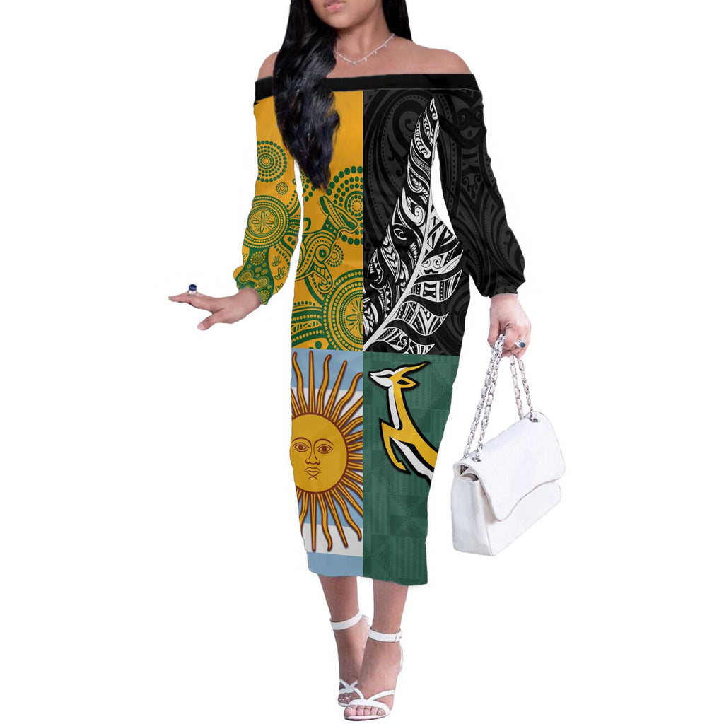Personalised Rugby 2025 Championship Off The Shoulder Long Sleeve Dress Combination of Southern Hemisphere Countries - Aussie Hoodie