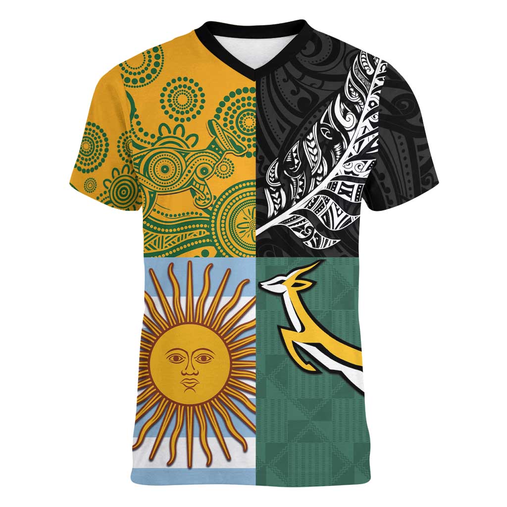 Personalised Rugby 2025 Championship Women V-Neck T-Shirt Combination of Southern Hemisphere Countries - Aussie Hoodie