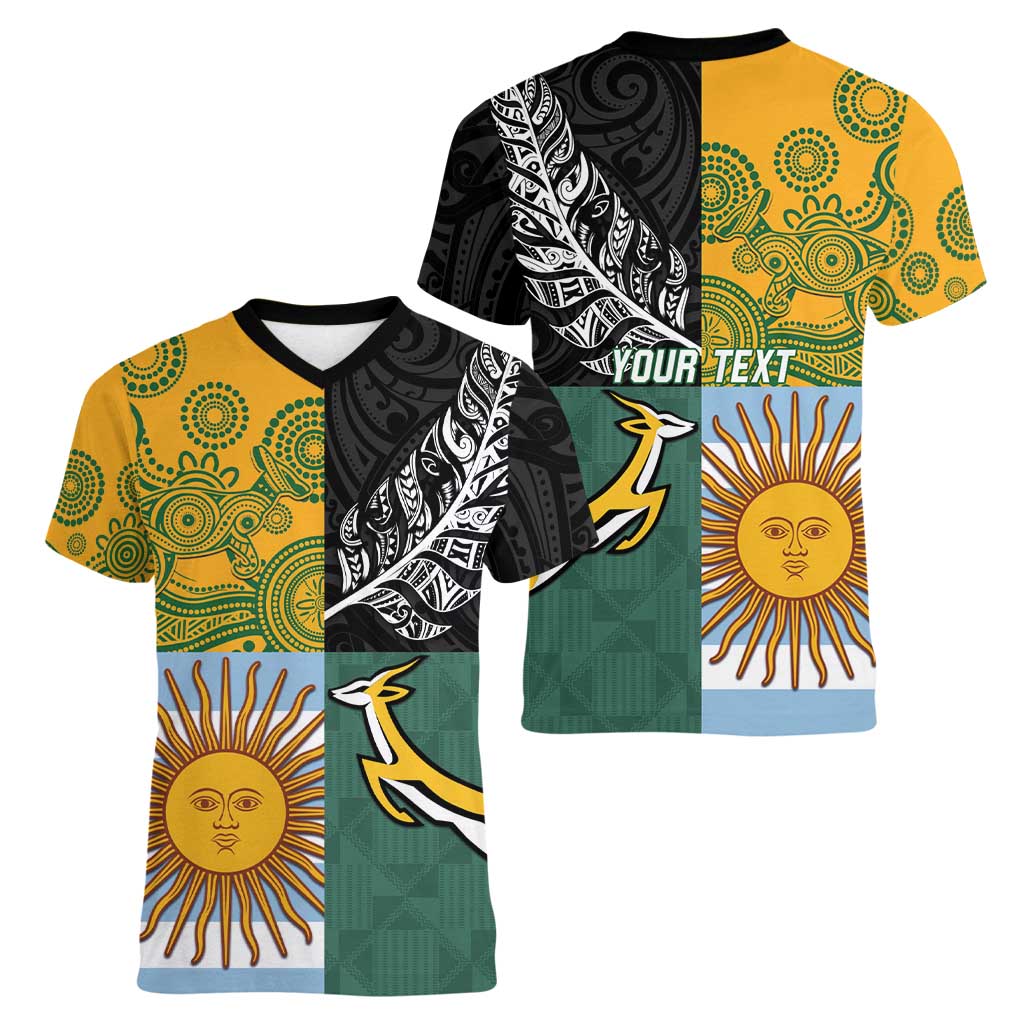 Personalised Rugby 2025 Championship Women V-Neck T-Shirt Combination of Southern Hemisphere Countries - Aussie Hoodie