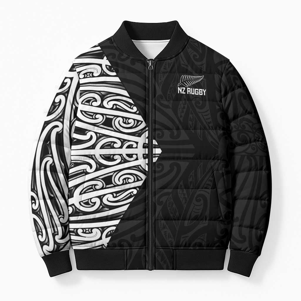 New Zealand Silver Fern Rugby Custom Bomber Puffer Jacket Maori Koru Go Black Fern - Aussie Hoodie