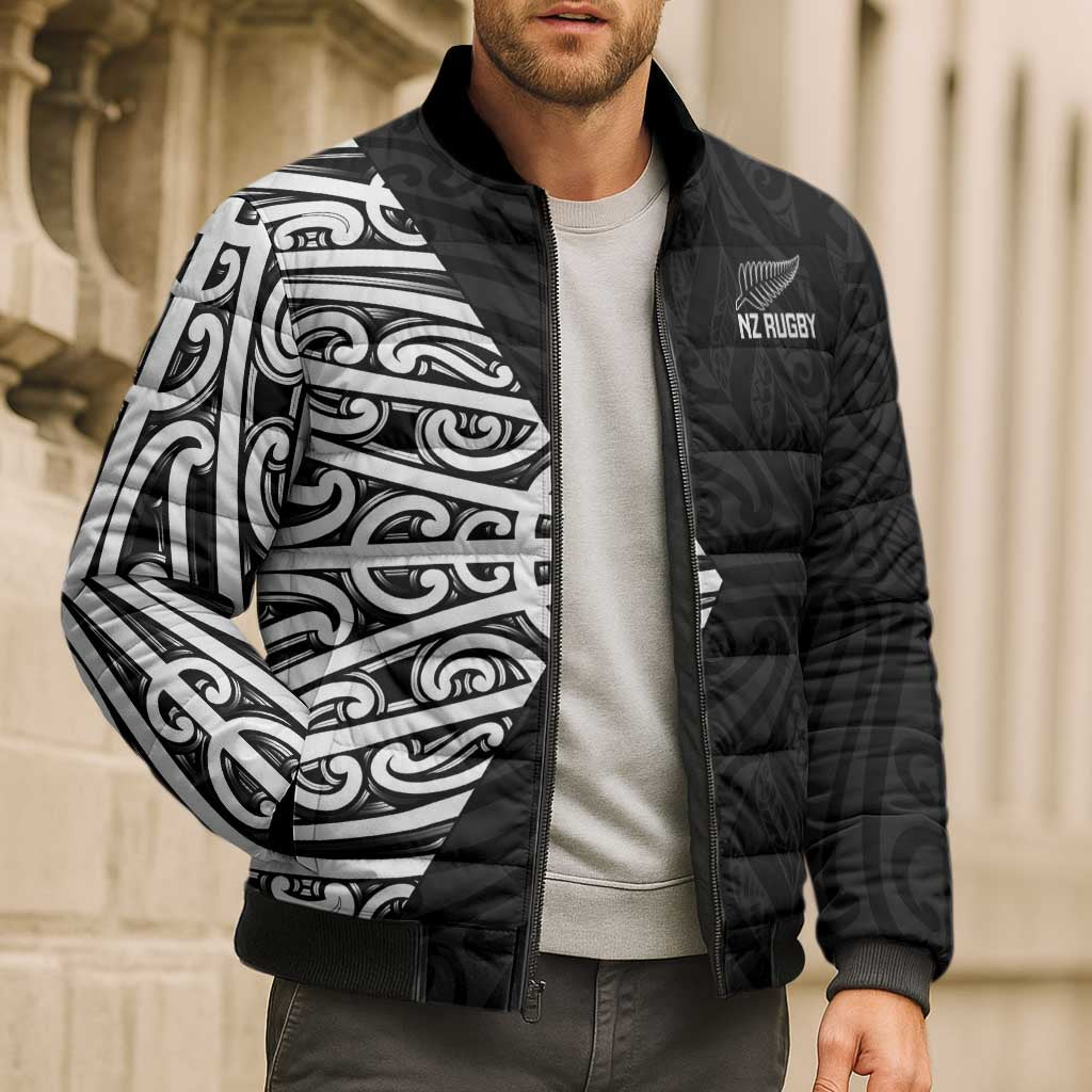 New Zealand Silver Fern Rugby Custom Bomber Puffer Jacket Maori Koru Go Black Fern - Aussie Hoodie