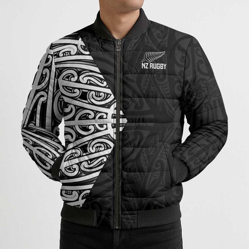 New Zealand Silver Fern Rugby Custom Bomber Puffer Jacket Maori Koru Go Black Fern - Aussie Hoodie