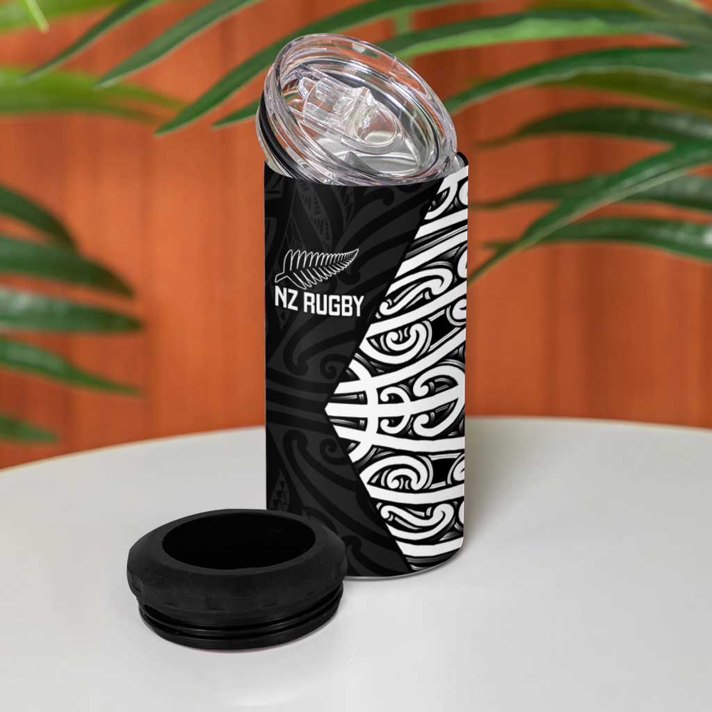 New Zealand Silver Fern Rugby Custom 4 in 1 Can Cooler Tumbler Maori Koru Go Black Fern - Aussie Hoodie