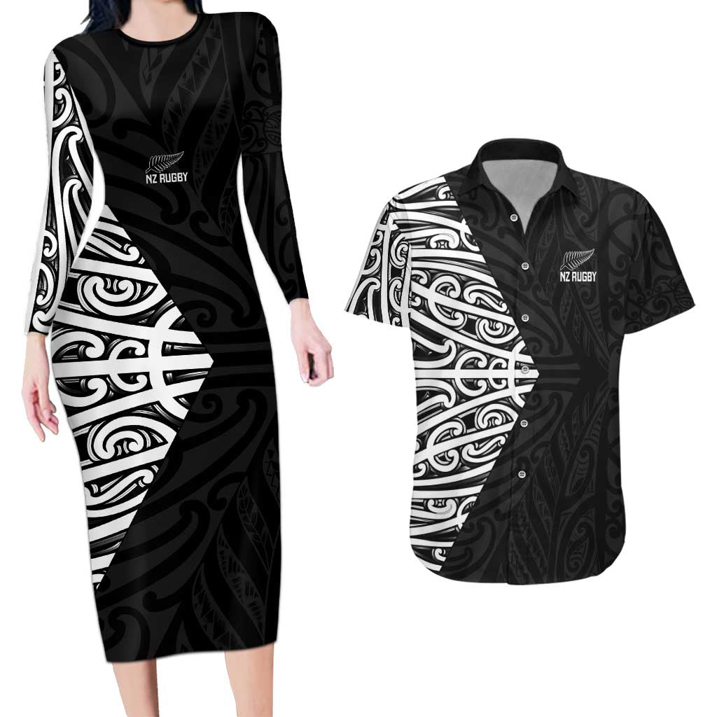 New Zealand Silver Fern Rugby Custom Couples Matching Long Sleeve Bodycon Dress and Hawaiian Shirt Maori Koru Go Black Fern - Aussie Hoodie