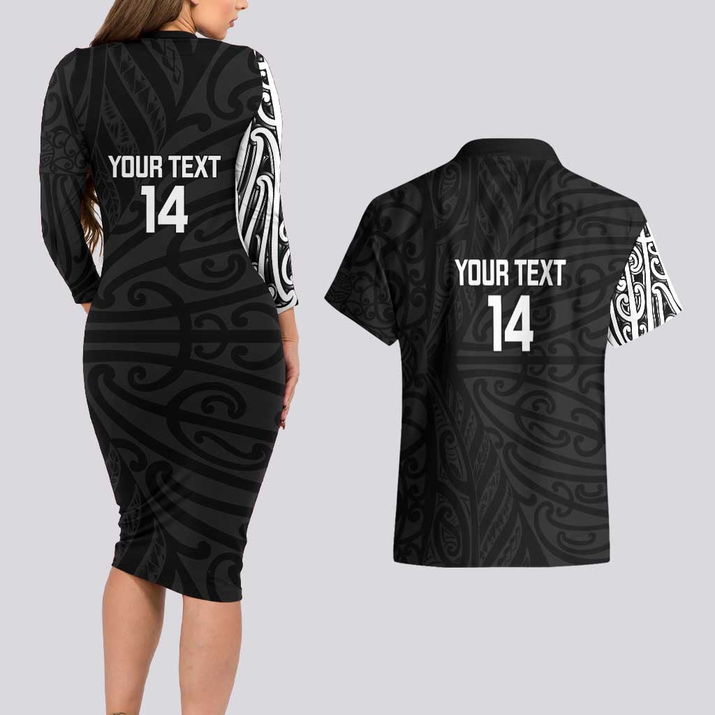 New Zealand Silver Fern Rugby Custom Couples Matching Long Sleeve Bodycon Dress and Hawaiian Shirt Maori Koru Go Black Fern - Aussie Hoodie