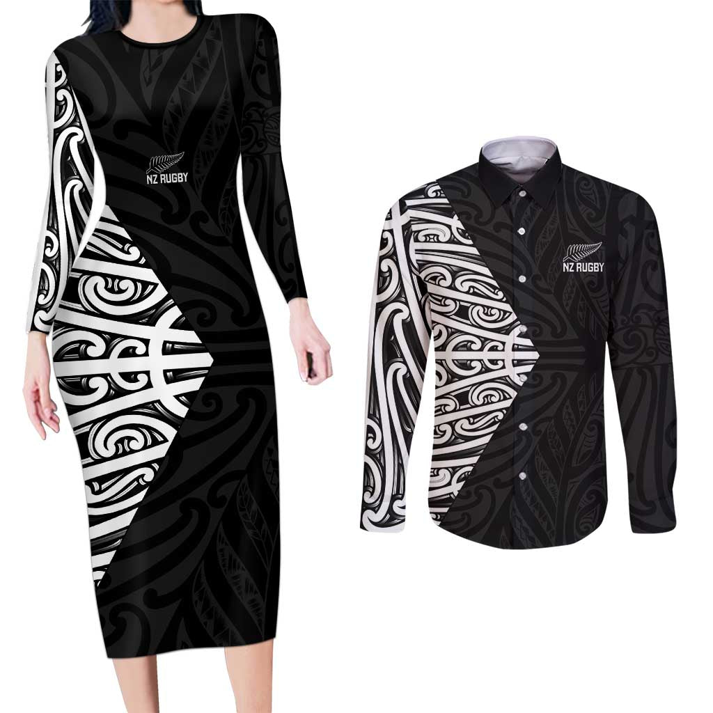 New Zealand Silver Fern Rugby Custom Couples Matching Long Sleeve Bodycon Dress and Long Sleeve Button Shirt Maori Koru Go Black Fern - Aussie Hoodie