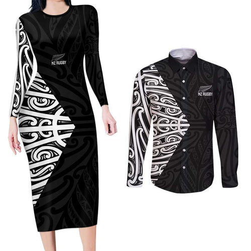 New Zealand Silver Fern Rugby Custom Couples Matching Long Sleeve Bodycon Dress and Long Sleeve Button Shirt Maori Koru Go Black Fern - Aussie Hoodie