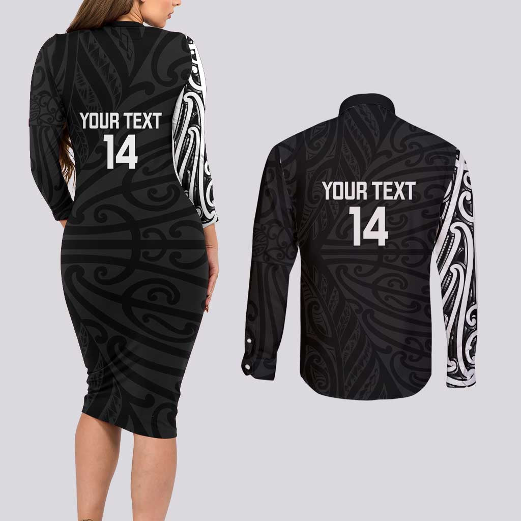 New Zealand Silver Fern Rugby Custom Couples Matching Long Sleeve Bodycon Dress and Long Sleeve Button Shirt Maori Koru Go Black Fern - Aussie Hoodie