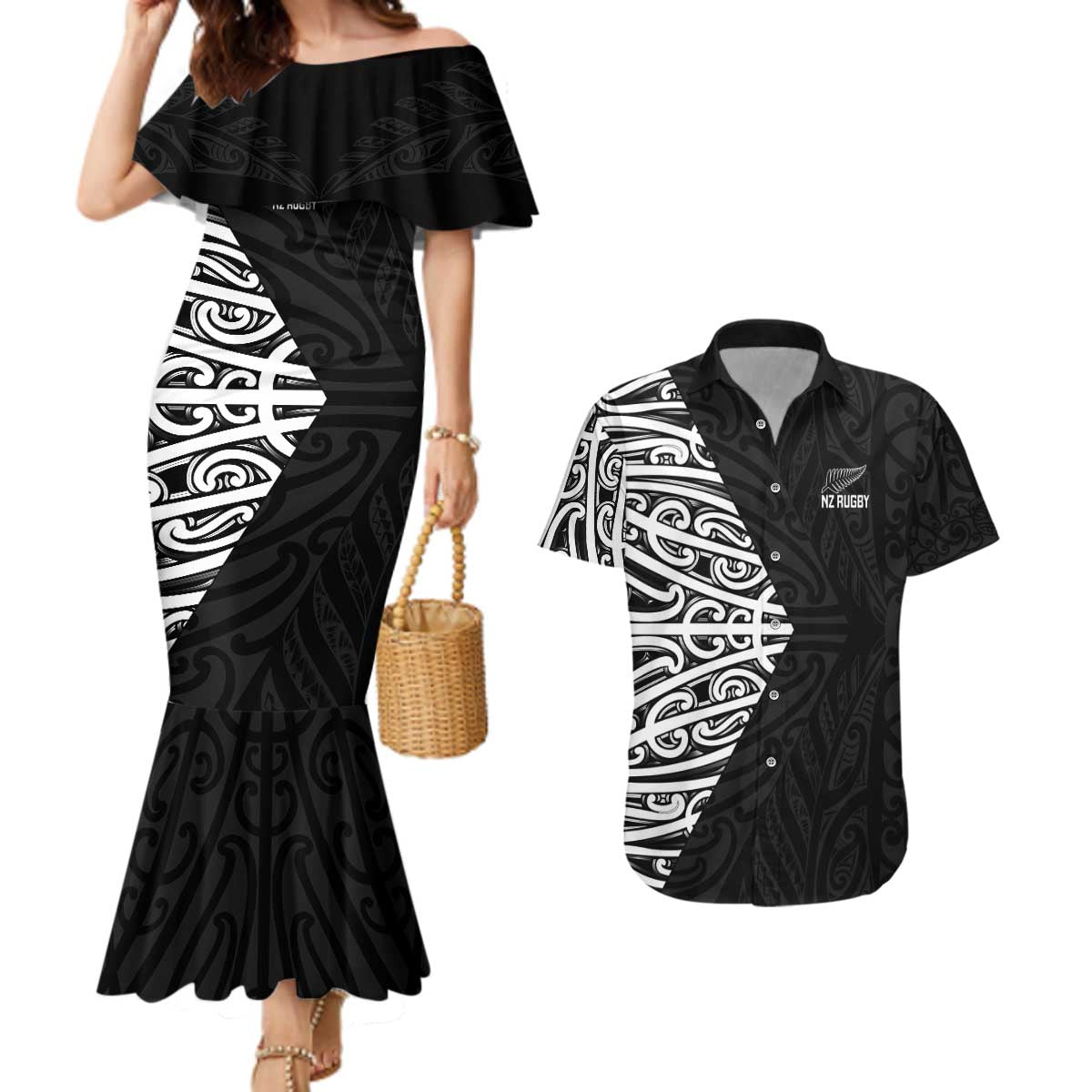 New Zealand Silver Fern Rugby Custom Couples Matching Mermaid Dress and Hawaiian Shirt Maori Koru Go Black Fern - Aussie Hoodie