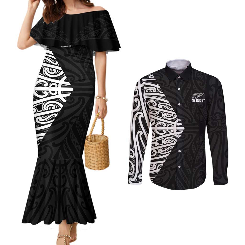 New Zealand Silver Fern Rugby Custom Couples Matching Mermaid Dress and Long Sleeve Button Shirt Maori Koru Go Black Fern - Aussie Hoodie