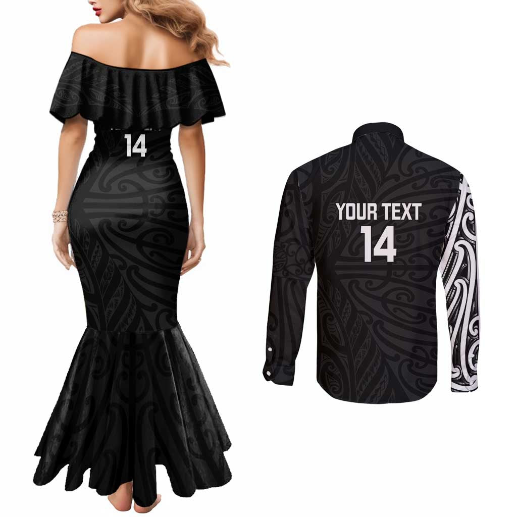 New Zealand Silver Fern Rugby Custom Couples Matching Mermaid Dress and Long Sleeve Button Shirt Maori Koru Go Black Fern - Aussie Hoodie