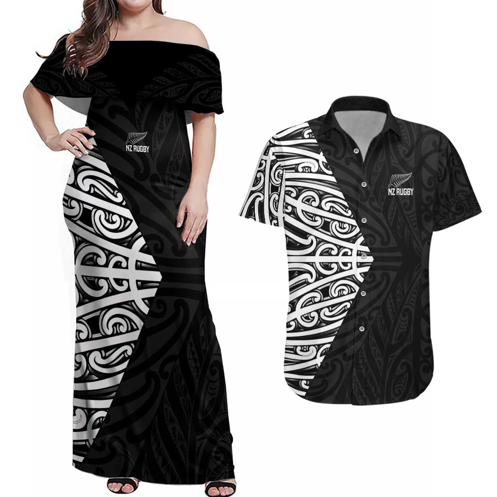 New Zealand Silver Fern Rugby Custom Couples Matching Off Shoulder Maxi Dress and Hawaiian Shirt Maori Koru Go Black Fern - Aussie Hoodie