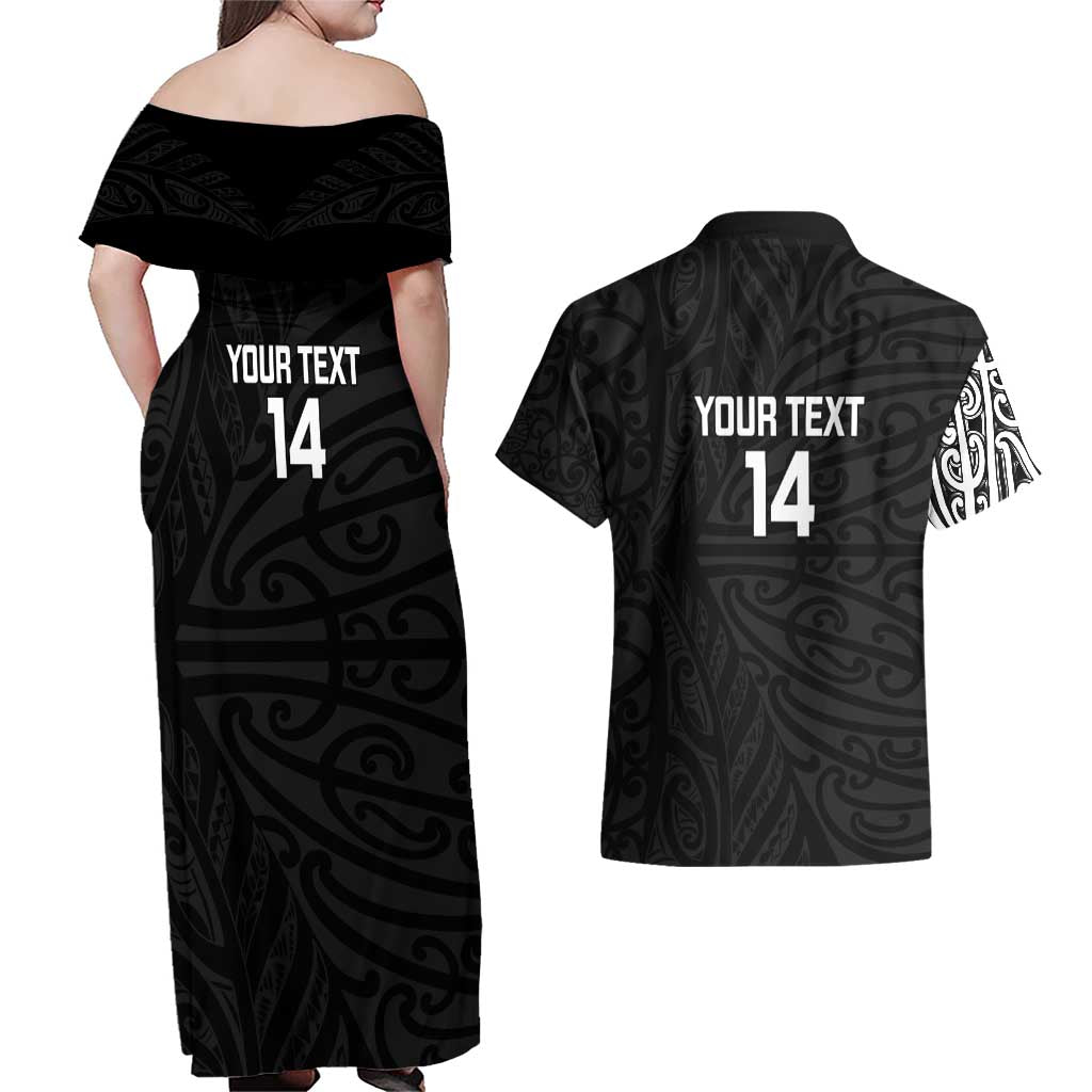 New Zealand Silver Fern Rugby Custom Couples Matching Off Shoulder Maxi Dress and Hawaiian Shirt Maori Koru Go Black Fern - Aussie Hoodie