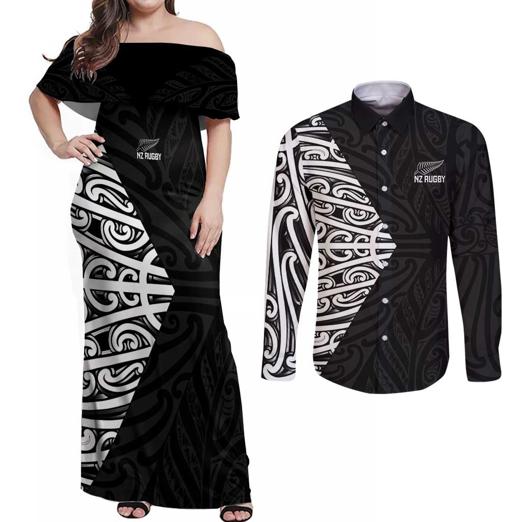 New Zealand Silver Fern Rugby Custom Couples Matching Off Shoulder Maxi Dress and Long Sleeve Button Shirt Maori Koru Go Black Fern - Aussie Hoodie