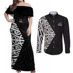 New Zealand Silver Fern Rugby Custom Couples Matching Off Shoulder Maxi Dress and Long Sleeve Button Shirt Maori Koru Go Black Fern - Aussie Hoodie