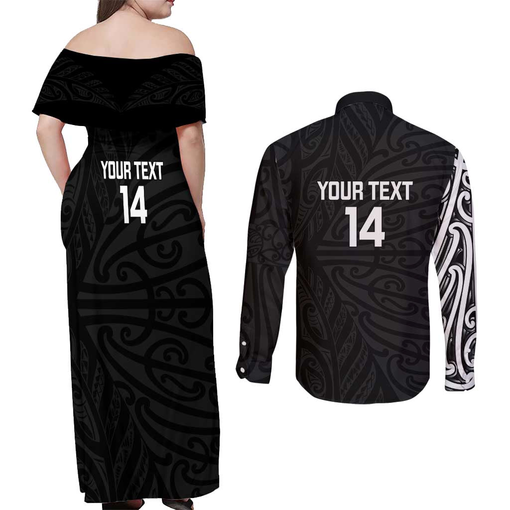 New Zealand Silver Fern Rugby Custom Couples Matching Off Shoulder Maxi Dress and Long Sleeve Button Shirt Maori Koru Go Black Fern - Aussie Hoodie