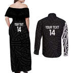 New Zealand Silver Fern Rugby Custom Couples Matching Off Shoulder Maxi Dress and Long Sleeve Button Shirt Maori Koru Go Black Fern - Aussie Hoodie