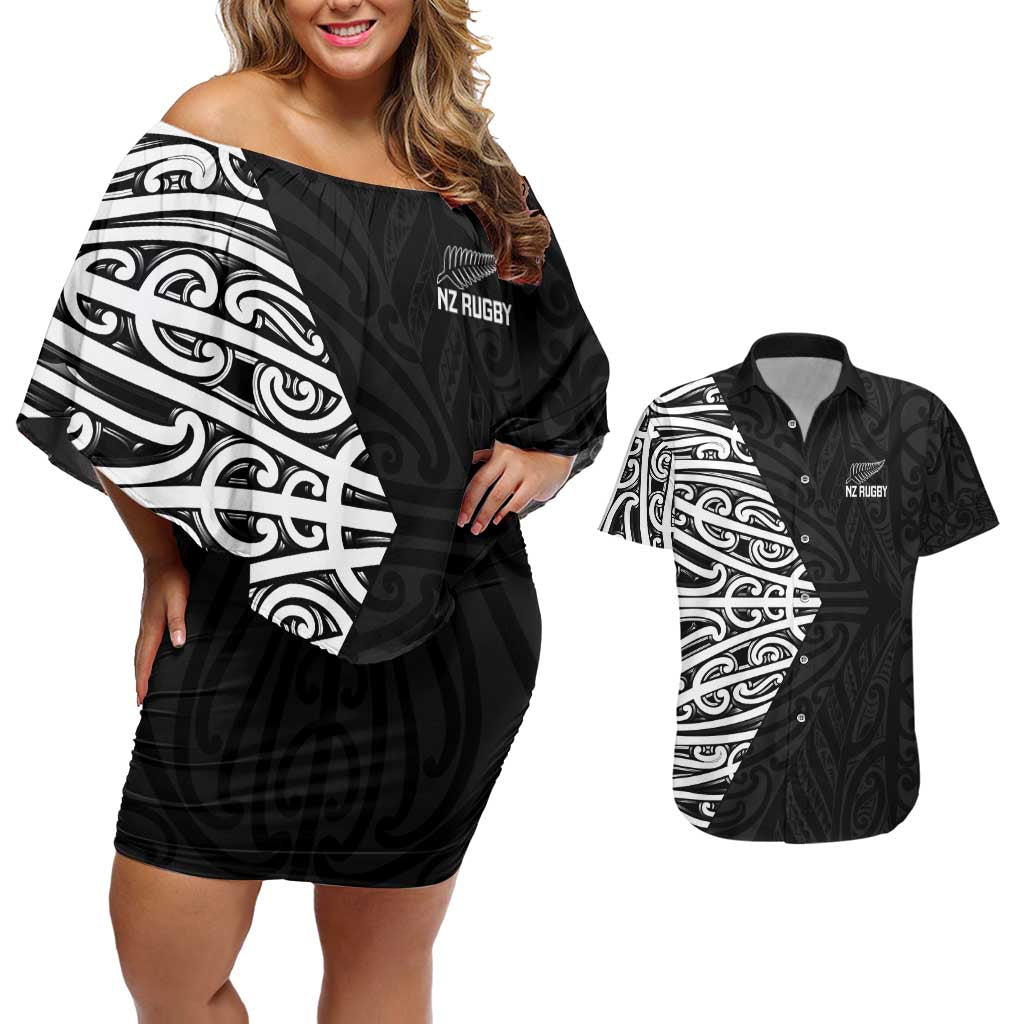 New Zealand Silver Fern Rugby Custom Couples Matching Off Shoulder Short Dress and Hawaiian Shirt Maori Koru Go Black Fern - Aussie Hoodie