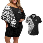 New Zealand Silver Fern Rugby Custom Couples Matching Off Shoulder Short Dress and Hawaiian Shirt Maori Koru Go Black Fern - Aussie Hoodie