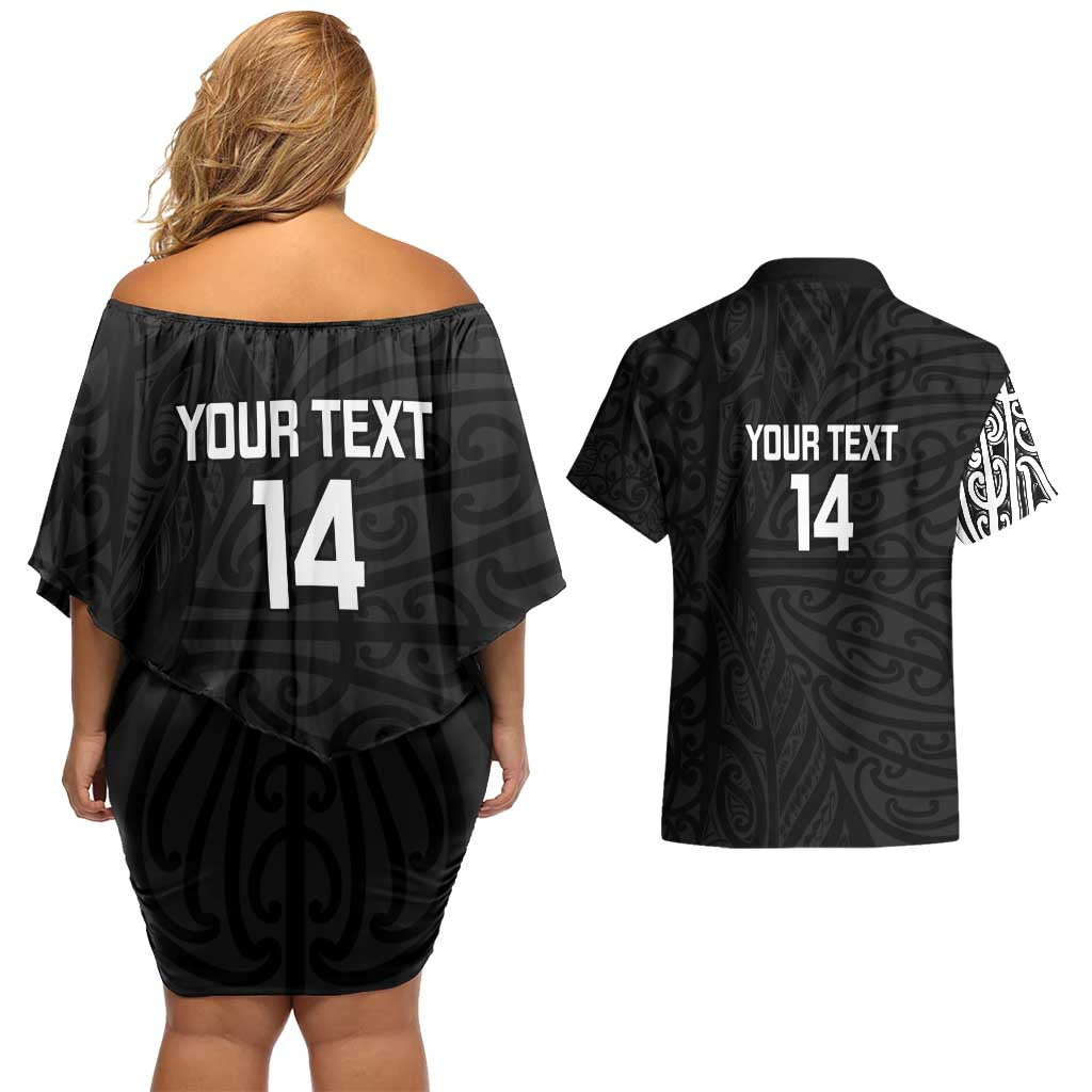 New Zealand Silver Fern Rugby Custom Couples Matching Off Shoulder Short Dress and Hawaiian Shirt Maori Koru Go Black Fern - Aussie Hoodie