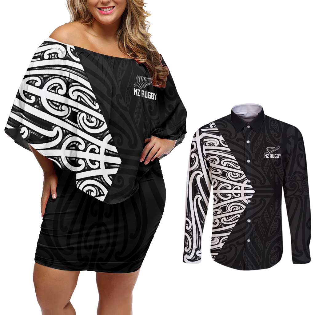 New Zealand Silver Fern Rugby Custom Couples Matching Off Shoulder Short Dress and Long Sleeve Button Shirt Maori Koru Go Black Fern - Aussie Hoodie
