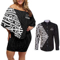 New Zealand Silver Fern Rugby Custom Couples Matching Off Shoulder Short Dress and Long Sleeve Button Shirt Maori Koru Go Black Fern - Aussie Hoodie
