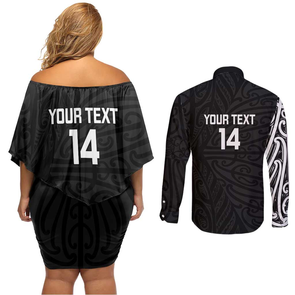 New Zealand Silver Fern Rugby Custom Couples Matching Off Shoulder Short Dress and Long Sleeve Button Shirt Maori Koru Go Black Fern - Aussie Hoodie