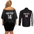 New Zealand Silver Fern Rugby Custom Couples Matching Off Shoulder Short Dress and Long Sleeve Button Shirt Maori Koru Go Black Fern - Aussie Hoodie
