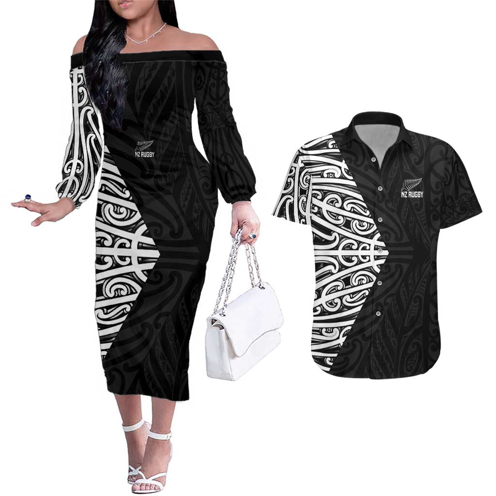New Zealand Silver Fern Rugby Custom Couples Matching Off The Shoulder Long Sleeve Dress and Hawaiian Shirt Maori Koru Go Black Fern - Aussie Hoodie