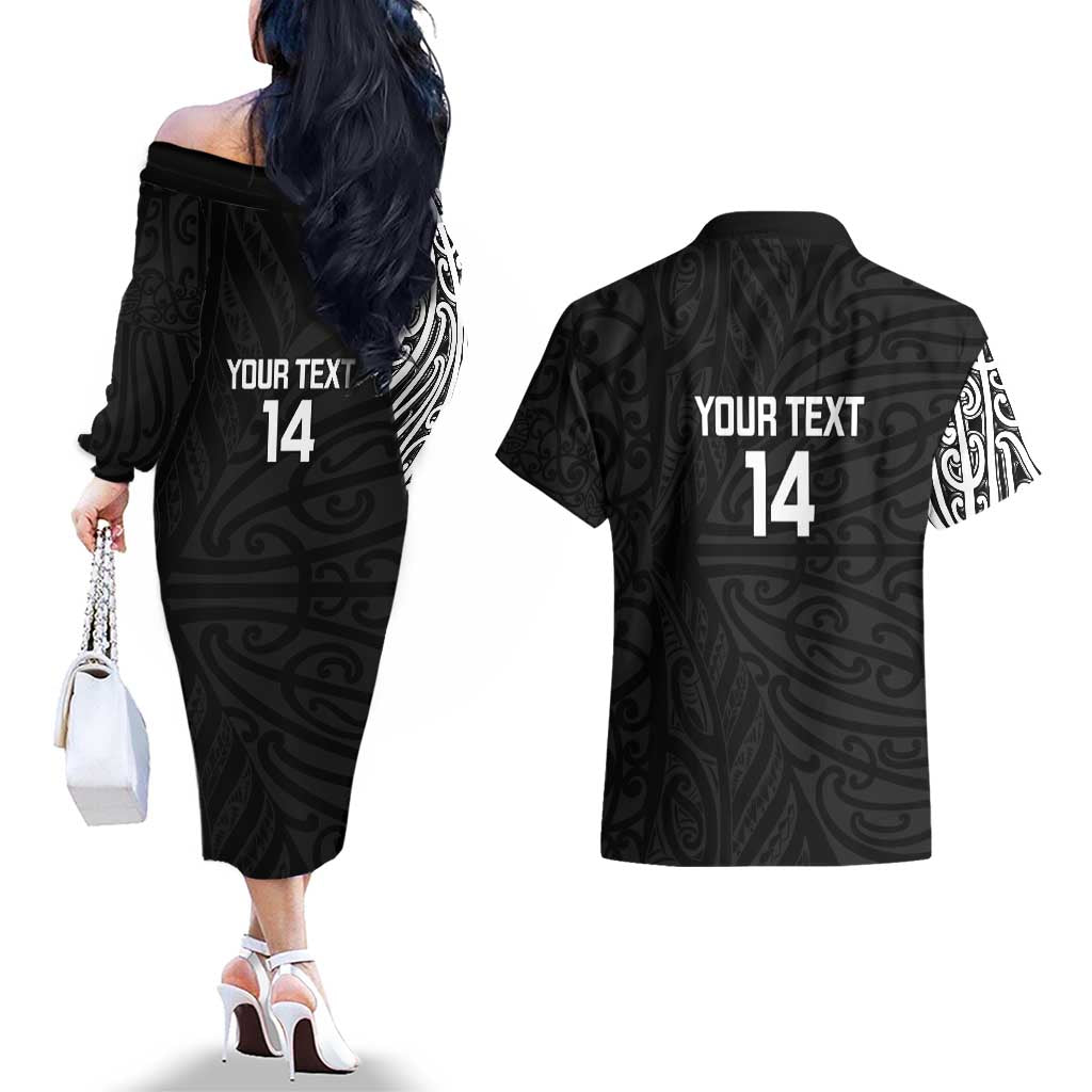 New Zealand Silver Fern Rugby Custom Couples Matching Off The Shoulder Long Sleeve Dress and Hawaiian Shirt Maori Koru Go Black Fern - Aussie Hoodie
