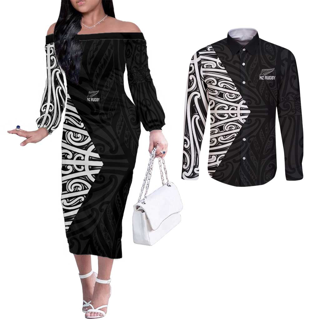 New Zealand Silver Fern Rugby Custom Couples Matching Off The Shoulder Long Sleeve Dress and Long Sleeve Button Shirt Maori Koru Go Black Fern - Aussie Hoodie