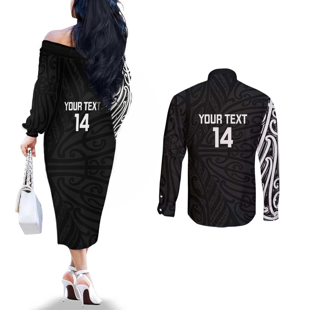 New Zealand Silver Fern Rugby Custom Couples Matching Off The Shoulder Long Sleeve Dress and Long Sleeve Button Shirt Maori Koru Go Black Fern - Aussie Hoodie