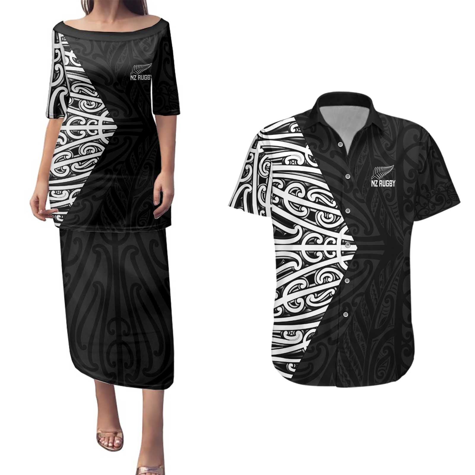 New Zealand Silver Fern Rugby Custom Couples Matching Puletasi and Hawaiian Shirt Maori Koru Go Black Fern - Aussie Hoodie