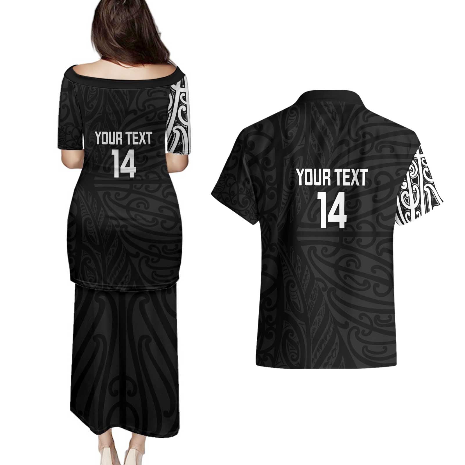 New Zealand Silver Fern Rugby Custom Couples Matching Puletasi and Hawaiian Shirt Maori Koru Go Black Fern - Aussie Hoodie