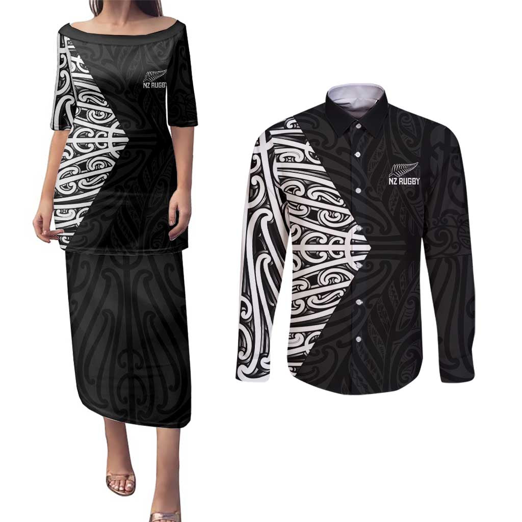 New Zealand Silver Fern Rugby Custom Couples Matching Puletasi and Long Sleeve Button Shirt Maori Koru Go Black Fern - Aussie Hoodie
