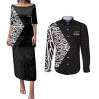 New Zealand Silver Fern Rugby Custom Couples Matching Puletasi and Long Sleeve Button Shirt Maori Koru Go Black Fern - Aussie Hoodie