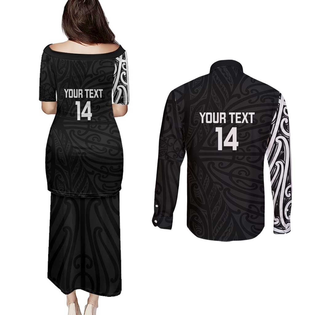 New Zealand Silver Fern Rugby Custom Couples Matching Puletasi and Long Sleeve Button Shirt Maori Koru Go Black Fern - Aussie Hoodie