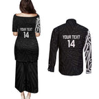 New Zealand Silver Fern Rugby Custom Couples Matching Puletasi and Long Sleeve Button Shirt Maori Koru Go Black Fern - Aussie Hoodie