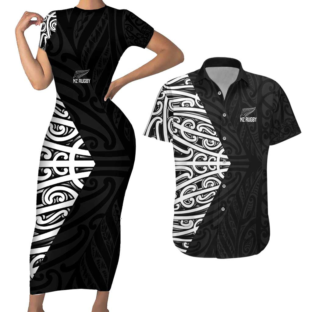 New Zealand Silver Fern Rugby Custom Couples Matching Short Sleeve Bodycon Dress and Hawaiian Shirt Maori Koru Go Black Fern - Aussie Hoodie