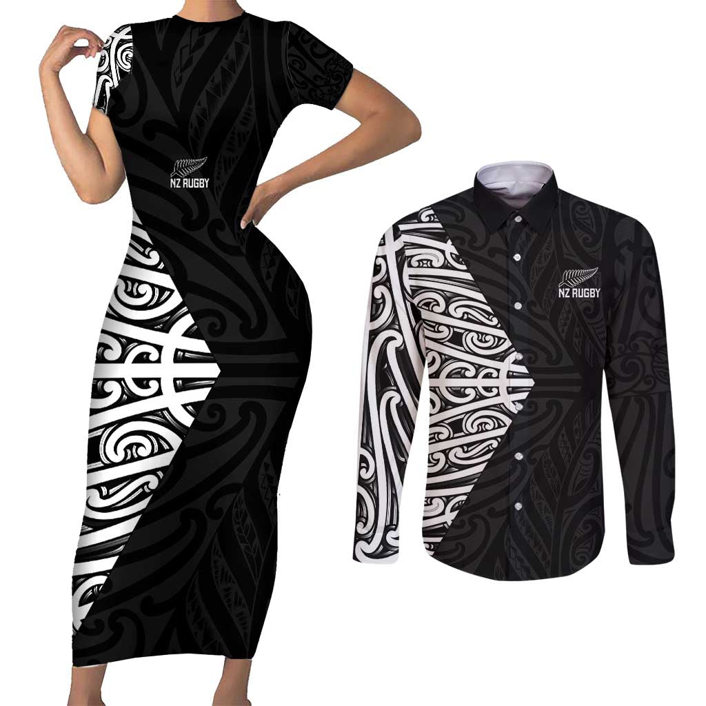 New Zealand Silver Fern Rugby Custom Couples Matching Short Sleeve Bodycon Dress and Long Sleeve Button Shirt Maori Koru Go Black Fern - Aussie Hoodie